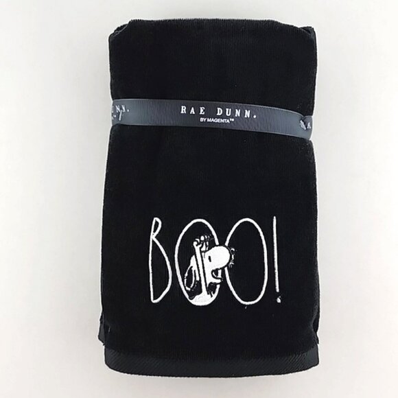 PEANUTS X Rae Dunn Set 2 Hand Towels Black White BOO! Snoopy Stich 100% Cotton - Picture 2 of 7